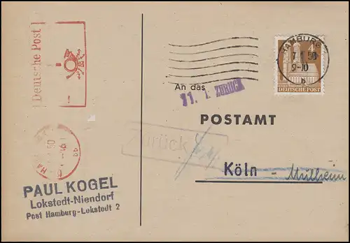 74eg Bauten 4 Pf mit Freistempel Hamburg 1 Pf. Anschriftenprüfung HAMBURG 7.1.50