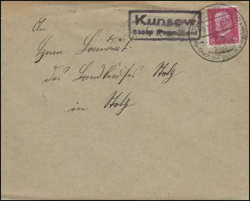 Hindenburg 15 Pf EF Brief Landpost KUNSOW / Stolp, SSt STOLP/POMM-LAND 9.2.31