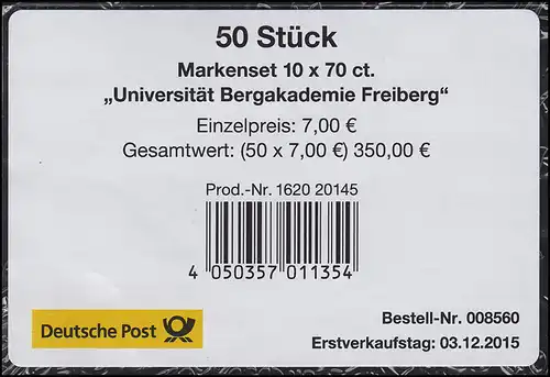FB 52 Bergakademie Freiberg, Folienblatt-BANDEROLE für 50 Stück, 76x51, gelb
