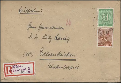 936 chiffre 84 pf. + 951 Not-R-Zettel Cologne-Lindenthal 11.2.48 vers Gelsenkirchen