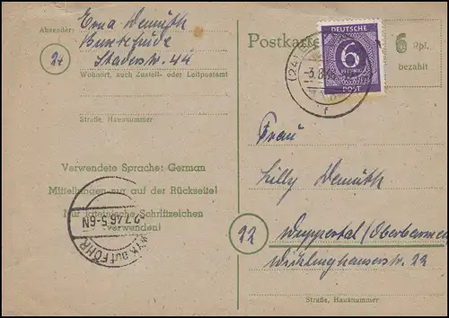 Carte postale P 783I avec 916 dévalorisation BUXTEHUDE 3.8.46 Sous-O WYK sur FÖHR 2.7.47