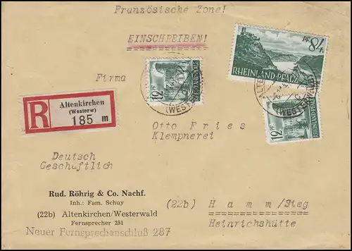 4+14 Rheinland-Pfalz 2x12 + 84 Pf R-Brief ALTENKIRCHEN 6.11.47 nach HAMM 7.11.47