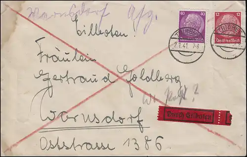 Hindenburg-MiF 40+12 Pf. Lettre d'urgence de TRIEBES 2.1.41 à Plauen Warnsdorf