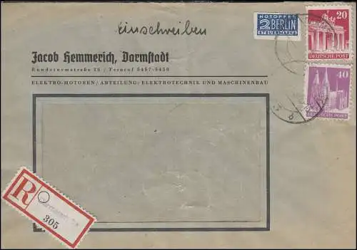 85wg + 90wg Bauten-MiF R-Brief Not-R-Zettel DARMSTADT 3 nach WORMS 2.12.48