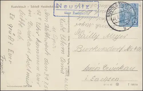 Landpost Neusitz über RUDOLSTADT 27.7.57 auf AK Schloss Heidecksburg mit 578