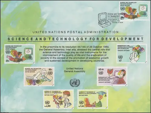 UNO Erinnerungskarte EK 42 Wissenschaft und Technik 1992, NY-FDC 2.10.1992