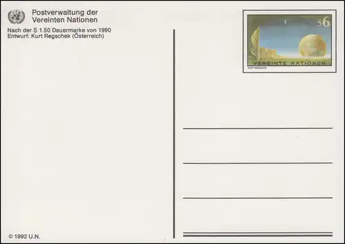 UNO Wien Postkarte P 5 UNO-City in Wien 6 Schilling 1992, ungebraucht **