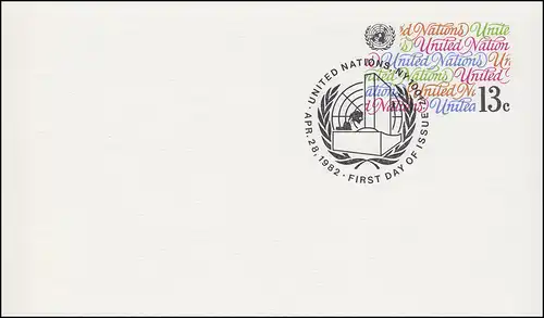 UNO New York Postkarte P 8 Inschrift United Nations 13 Cent 1982, FDC 28.4.1982