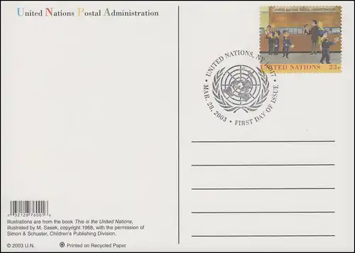 UNO New York Postkarte P 25 Postverwaltung 23 Cent 2003, FDC 28.3.2003