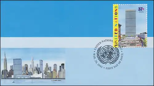 UNO New York Umschlag U 15A Hauptquartier 37 Cent 2003, 165x92, FDC 28.3.2003