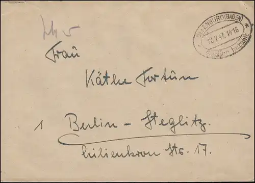 Gebühr-bezahlt-Stempel OFFENBURG (BADEN) 12.2.47 auf Brief nach Berlin-Steglitz