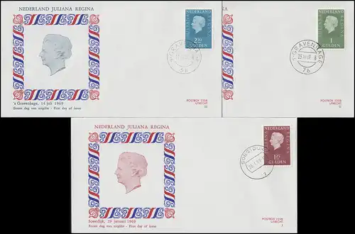 Niederlande 911+914+922 Königin Juliane 1+1,25+2,50 Gulden, 3 Schmuck-FDC 1969