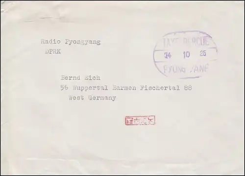 Gebühr-bezahlt-Stempel TAXE PERCUE auf Brief PYONG YANG 25.10.1974