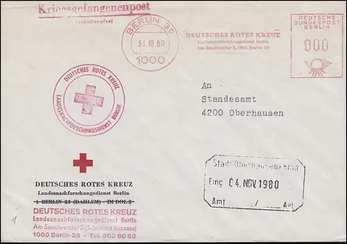 Kriegsgefangenenpost Absendefreistempel Deutsches Rotes Kreuz BERLIN 31.01.1980