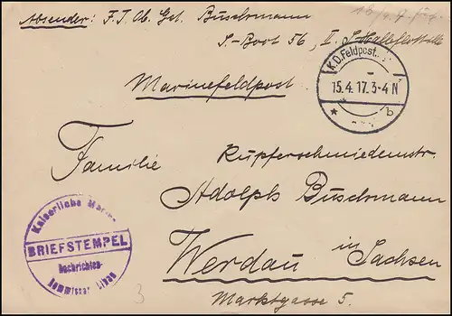 Marinefeldpost Nachrichten-Kommissar Libau apt. Stempel *b - 15.4.17 nach Werdau