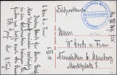 Marinefeldpost BS XIV. Torpedoboots-Halbflottille 8.12.1915, AK Swinemünde