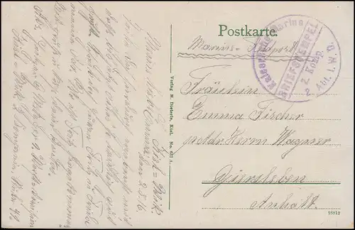 Poste Marine BS Marines Impériales 2. Comp. 2. Abbé I.W.D. 2.8.16 sur AK Kiel