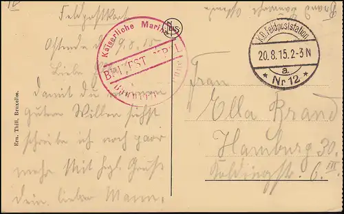 Marinefeldpost BS Kaiserl. Marine Bauwerft-Einheit (?) 20.8.1915, AK Zeebrugge 