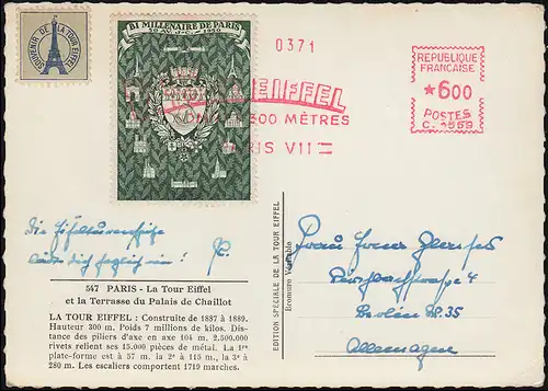 Absenderfreistempel PARIS VII LA TOUR EIFFEL 1951 auf passender AK Eiffelturm