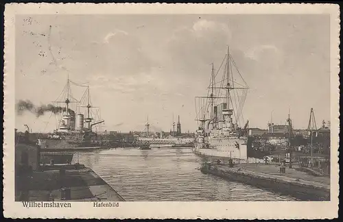 AK Wilhelmshaven Hafenbild, ab WILHELMSHAVEN k 8.8.1913 nach Rogau/Cosel 