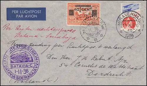 Poste KLM avec 1er train Batavia-Soerabaja 1.11.1936 DEN HAAG 11.10.