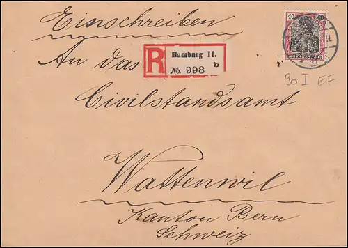 Firmenlochung K&B NfJ. Germania 40 Pf EF auf R-Brief HAMBURG 1916 in die Schweiz