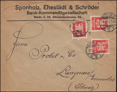 Firmenlochung SES auf Reichsadler 20 Pf als MeF auf Auslandsbrief BERLIN 29.7.24