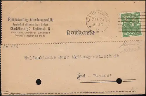 Trou de société FA sur Posthorn 40 Mark EF sur carte postale CHARLOTENBURG 20.6.23