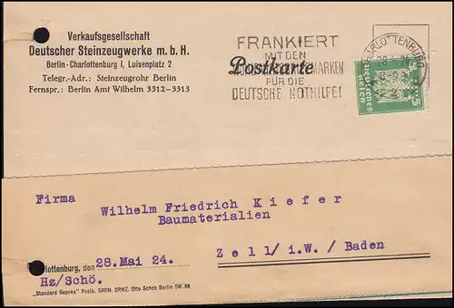 Firmenlochung VDS auf Reichsadler 5 Pf. als EF Postkarte CHARLOTTENBURG 28.5.24