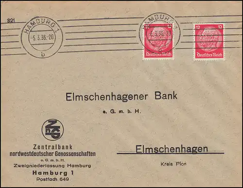 Firmenlochung H2 auf Hindenburg-Marken 12 Pf MeF auf Brief HAMBURG 5.3.36