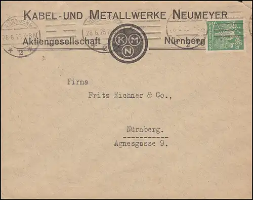 Firmenlochung KMN auf Schnitter-Marke 40 Mark EF Ortsbrief NÜRNBERG 28.6.28