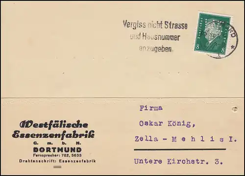 Firmenlochung WEF auf Ebert 8 Pf. als EF auf Postkarte DORTMUND 23.4.30