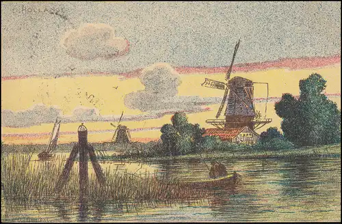 Firmenlochung/Perfin K auf Wilhelmina 3 Cent Ansichtskarte Landschaft, AMSTERDAM