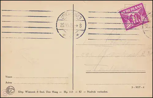 Firmenlochung/Perfin S auf 173 Taube auf AK Denkmal 1813, SCHEVENINGEN 39.7.23