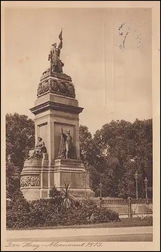 Firmenlochung/Perfin S auf 173 Taube auf AK Denkmal 1813, SCHEVENINGEN 39.7.23