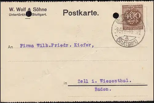 Firmenlochung W&S auf Infla 400 Mark als EF auf Postkarte UNTERTÜRKHEIM 9.9.23