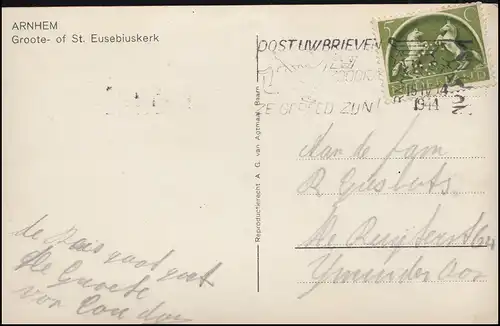 Firmenlochung/Perfin S.B. auf 411 Pferde AK Eusebius-Kirche ARNHEM 15.4.44