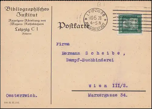 Firmenlochung BI auf Beehoven 8 Pf. auf Postkarte LEIPZIG MESSESTADT 10.5.28