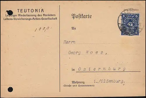 Firmenlochung TVL auf 228 Posthorn 6 Mark ala EF auf Postkarte LEIPZIG 5.12.22