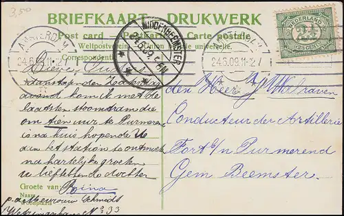 Firmenlochung/Perfin K auf 52 Ziffer auf AK Leidscheplein AMSTERDAM 24.6.1909