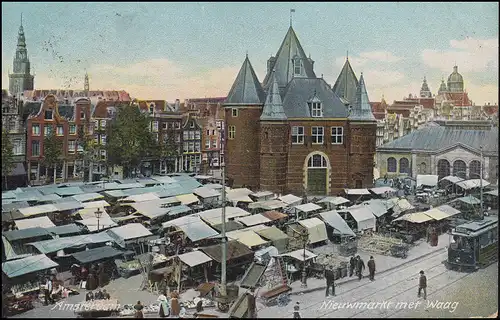 Firmenlochung/Perfin K auf 52 Ziffer auf AK Nieuwmarkt met Waag AMSTERDAM 5.6.07