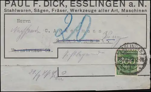 Firmenlochung F.D mit Symbol auf 270 Infla Briefausschnitt ESSLINGEN 28.7.23