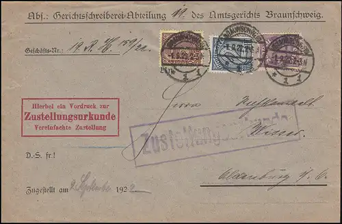 24+28+33 Dienstmarken auf Zustellungsurkunde BRAUNSCHWEIG 1.9.22 nach Oldenburg