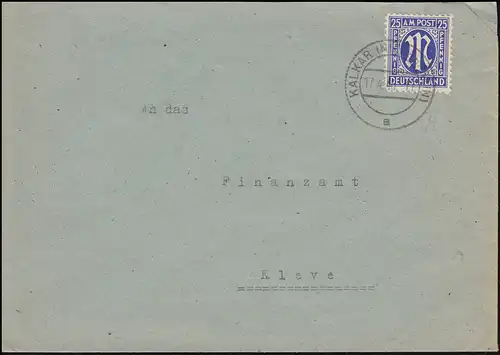 9 AM-Post 25 Pf. auf Brief von KALKAR (NIEDERRHEIN) 17.4.46 nach Kleve