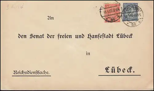 30+32 Dienstmarken MiF auf Brief Reichsdienstsache BERLIN 10.3.1922 nach Lübeck