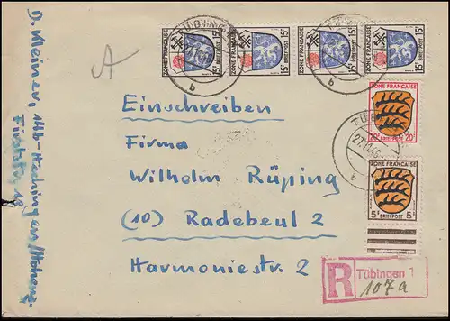 3+7+8 Wappen-Frankatur R-Bf. Not-R-Stempel TÜBINGEN 27.11.46 n. RADEBEUL 28.12.