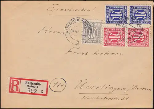 2+8+9 AM-Post MiF auf R-Brief KARLSRUHE (BADEN) 8.4.1946 nach ÜBERLINGEN 10.4.46