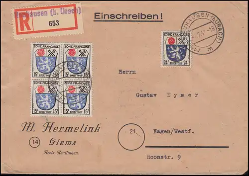 7+9 Armoiries MiF R Lettre de détresse-R-Zetten NOUVEAUHAUSEN (b. uraCH) 1.7.47 vers Hagen