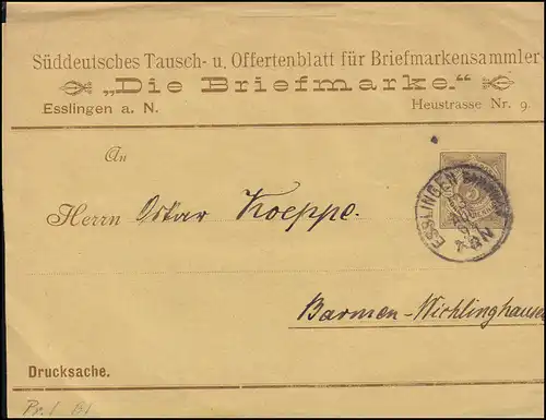 Württemberg PS 2 Streifband Die Briefmarke ESSLINGEN-BAHNHOF 13.8.1894