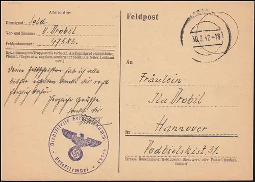 Feldpost 47583 auf Postkarte stummer Stempel 30.3.1942 Ostergrüße nach Hannover